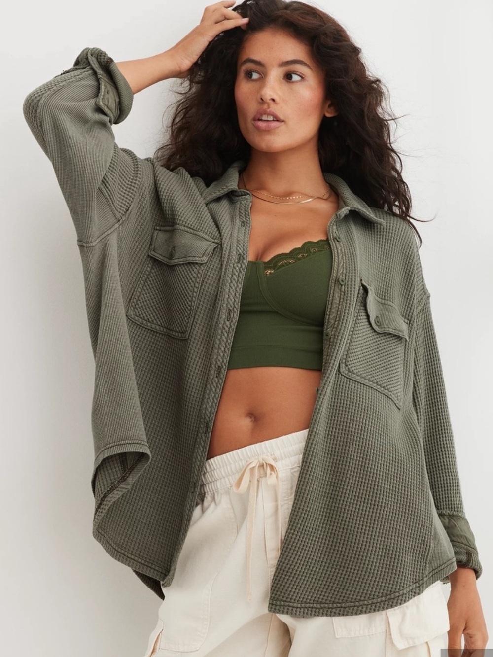 Aerie size M lumber Jane Olive Waffle-Knit Oversized Utility Shirt Jacket - Picture 2 of 10